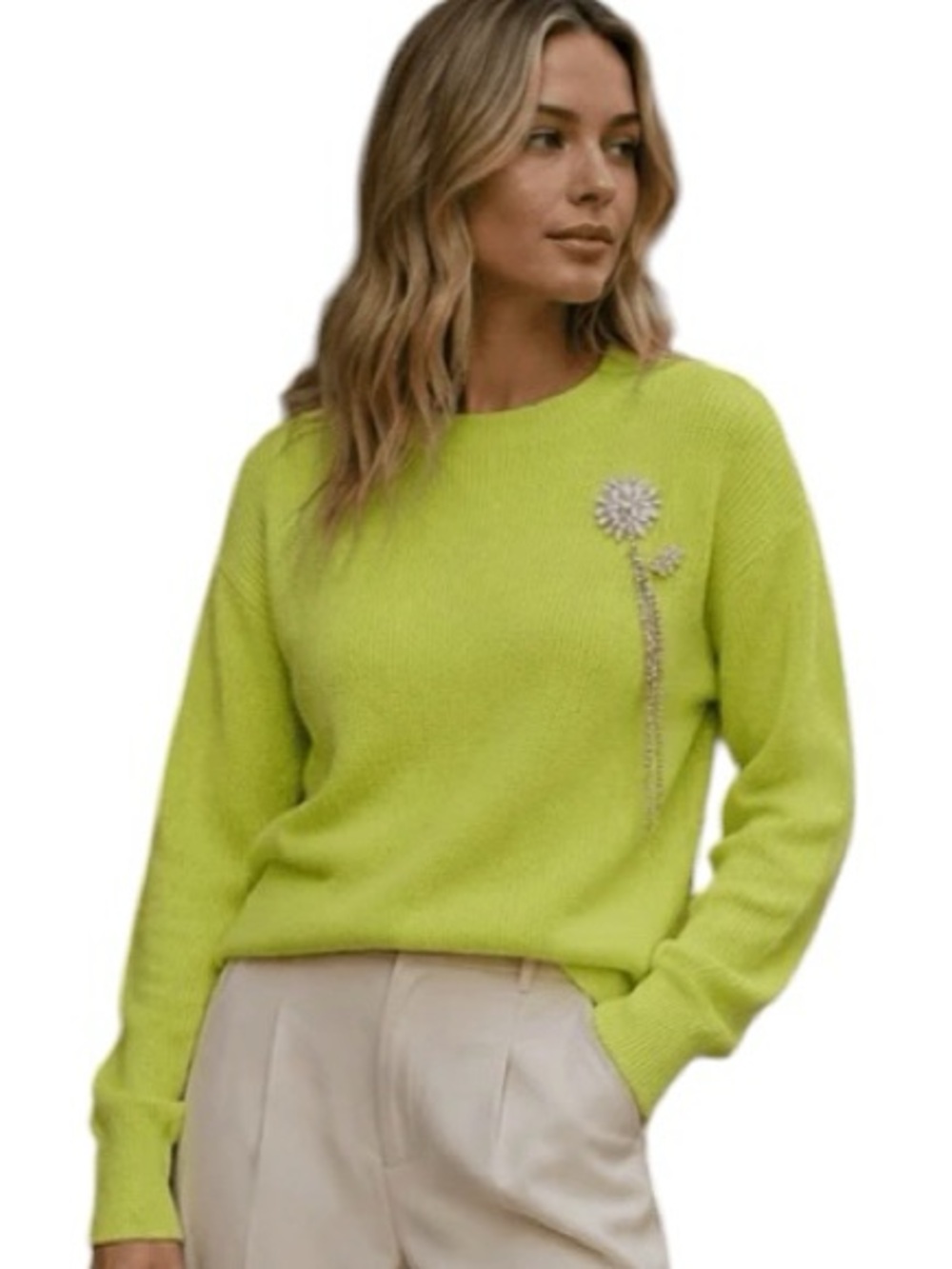 0210:  ON THE FIFTH NEW SWEATER WITH EMBELLISHED BROOCH LIME (GC)